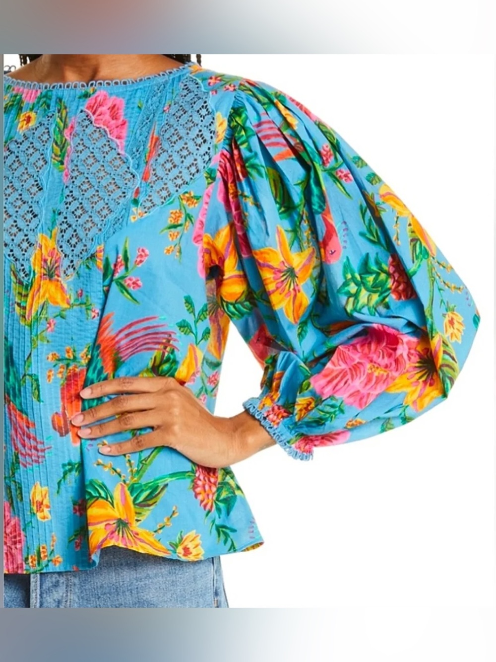 FARM Rio Blue Floral Lace-Trim Puff Sleeve Blouse - Picture 14 of 14